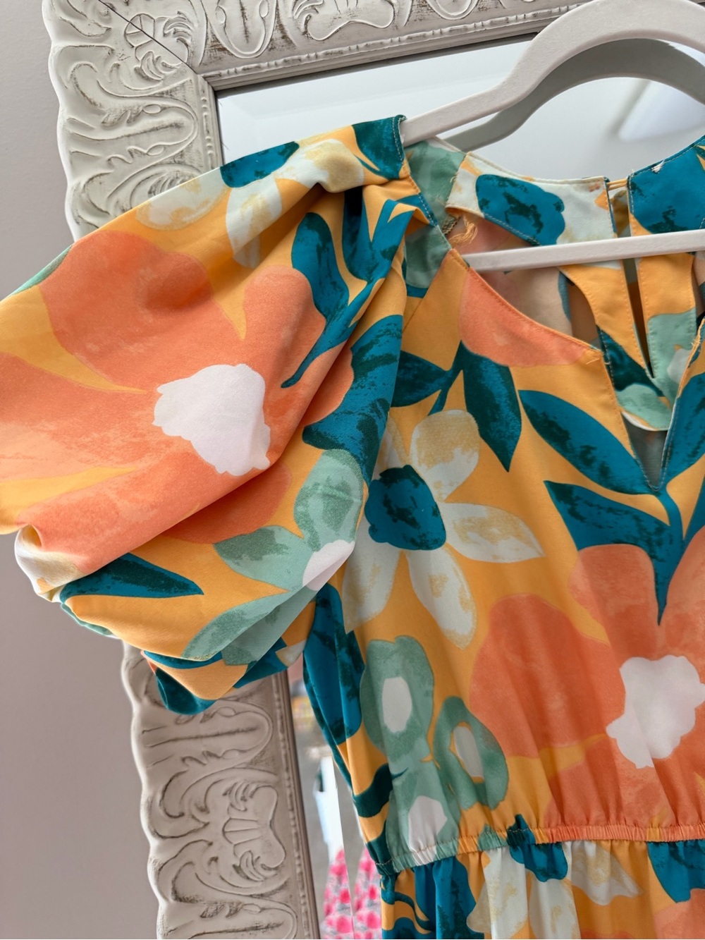 Boutique Orange Floral Maxi Dress with Teal Leaves - Picture 3 of 8